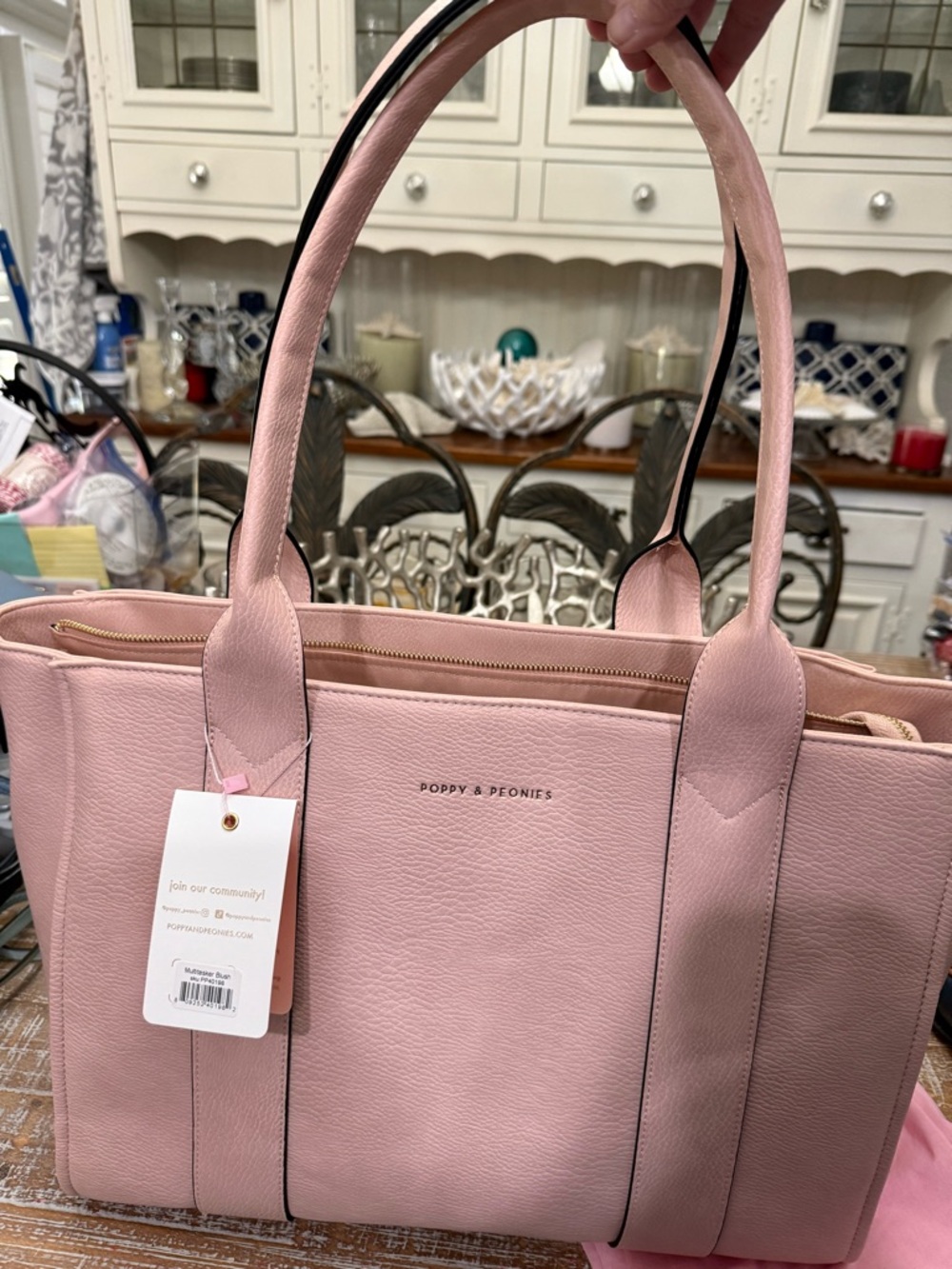 Poppy & Peonies Light Pink Pebbled Multitasker Tote.